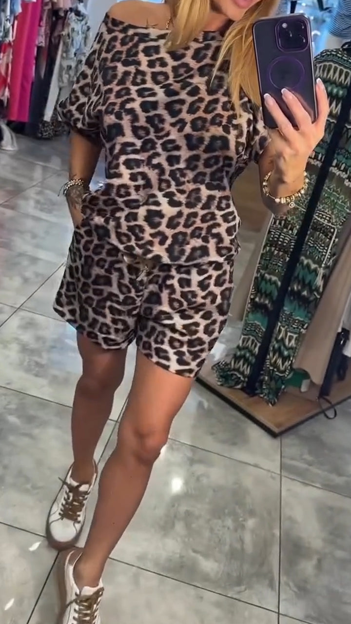 Ladies' Slanted Neck Leopard Print Top+ Shorts Casual Set