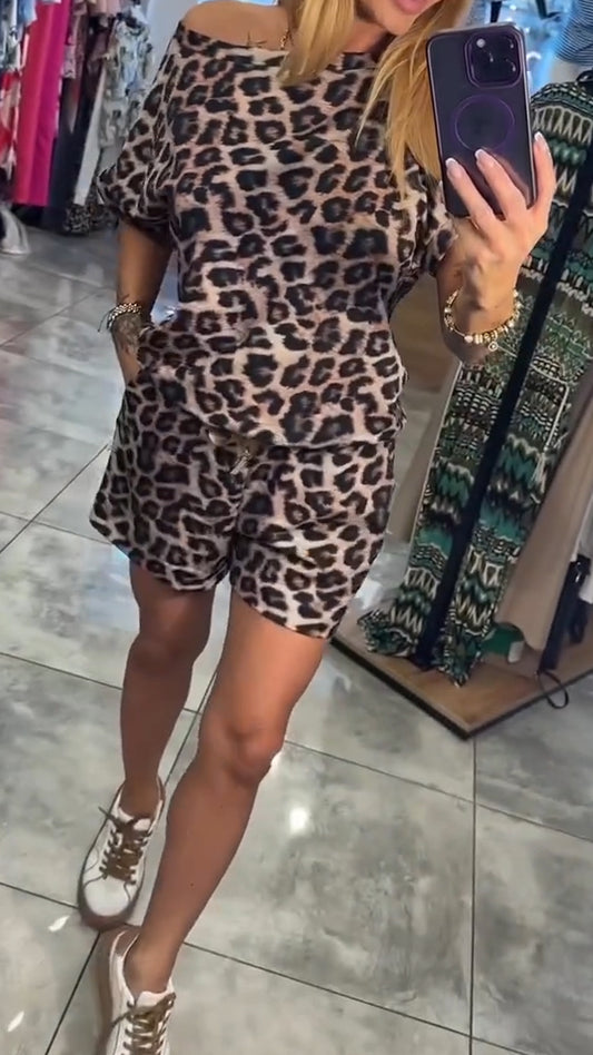 Ladies' Slanted Neck Leopard Print Top+ Shorts Casual Set