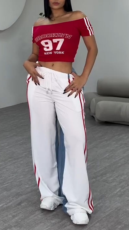 Ladies' One Word Collar Printed Letter Top+ Vertical Pattern Splicing Pants Casual Set