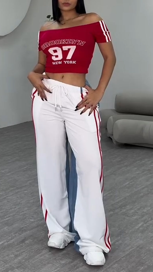 Ladies' One Word Collar Printed Letter Top+ Vertical Pattern Splicing Pants Casual Set
