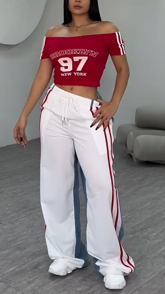Ladies' One Word Collar Printed Letter Top+ Vertical Pattern Splicing Pants Casual Set