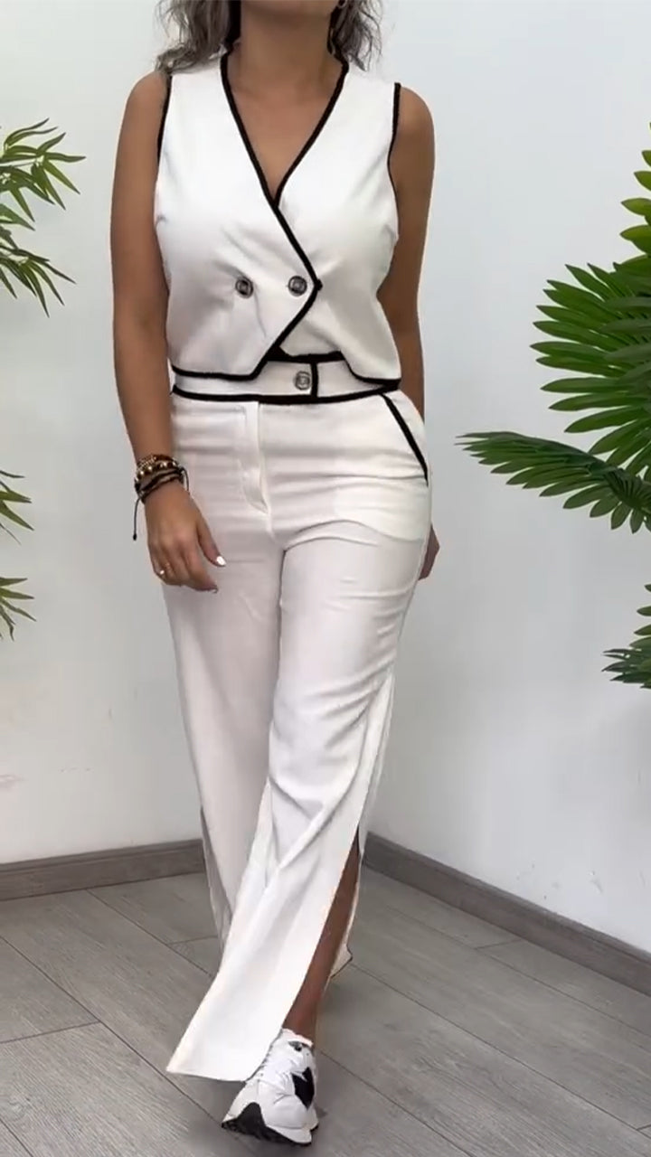 Ladies' V-neck Top+ Slit Pants Casual Suit
