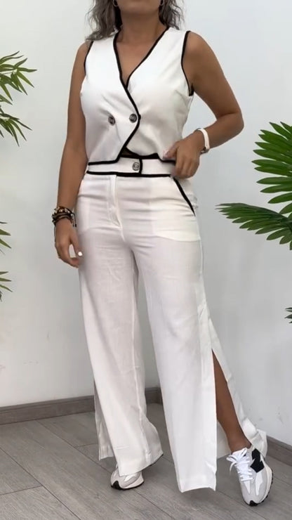 Ladies' V-neck Top+ Slit Pants Casual Suit