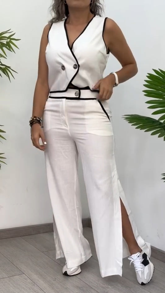 Ladies' V-neck Top+ Slit Pants Casual Suit