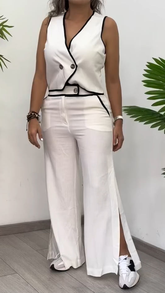 Ladies' V-neck Top+ Slit Pants Casual Suit