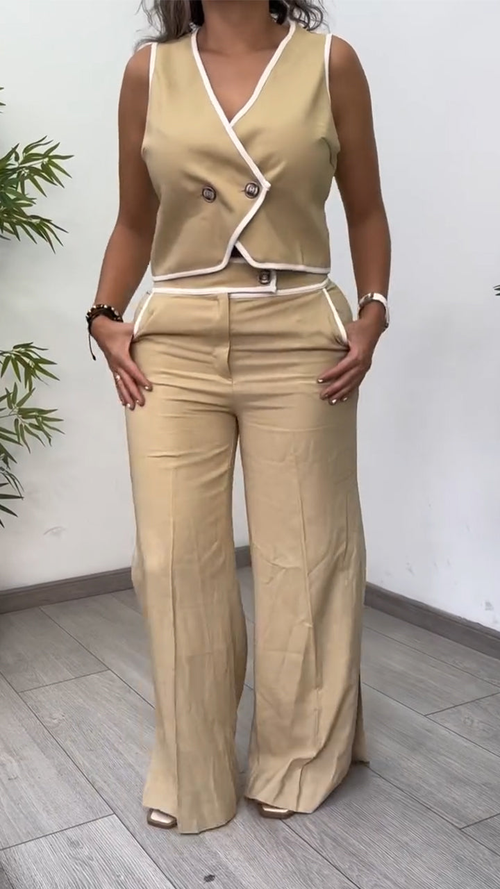Ladies' V-neck Top+ Slit Pants Casual Suit
