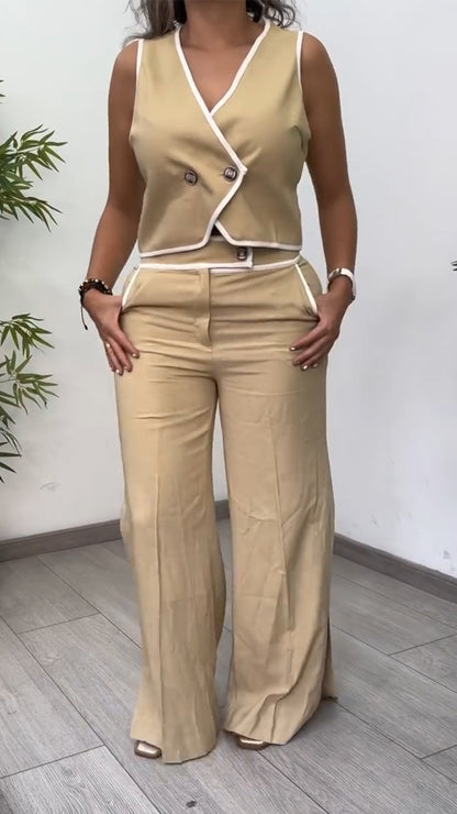 Ladies' V-neck Top+ Slit Pants Casual Suit