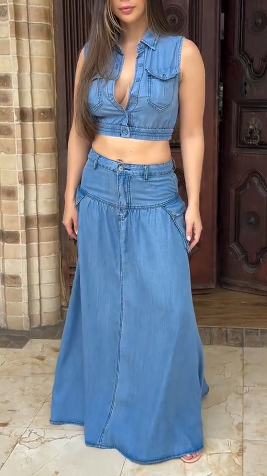 Ladies' Collar Patchwork Top+ Skirt Casual Set