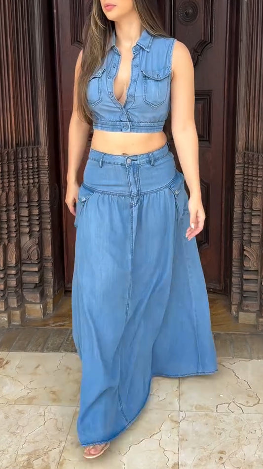 Ladies' Collar Patchwork Top+ Skirt Casual Set
