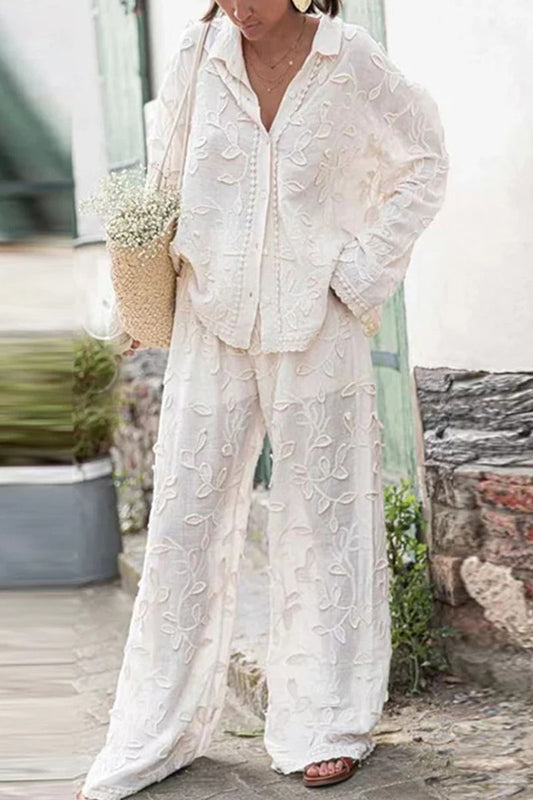 Women's Vacation Embroidered Shirt Wide Leg Pants Casual Two-piece Suit