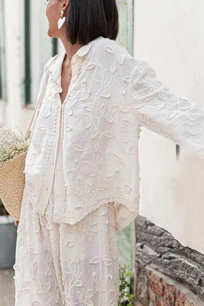 Women's Vacation Embroidered Shirt Wide Leg Pants Casual Two-piece Suit