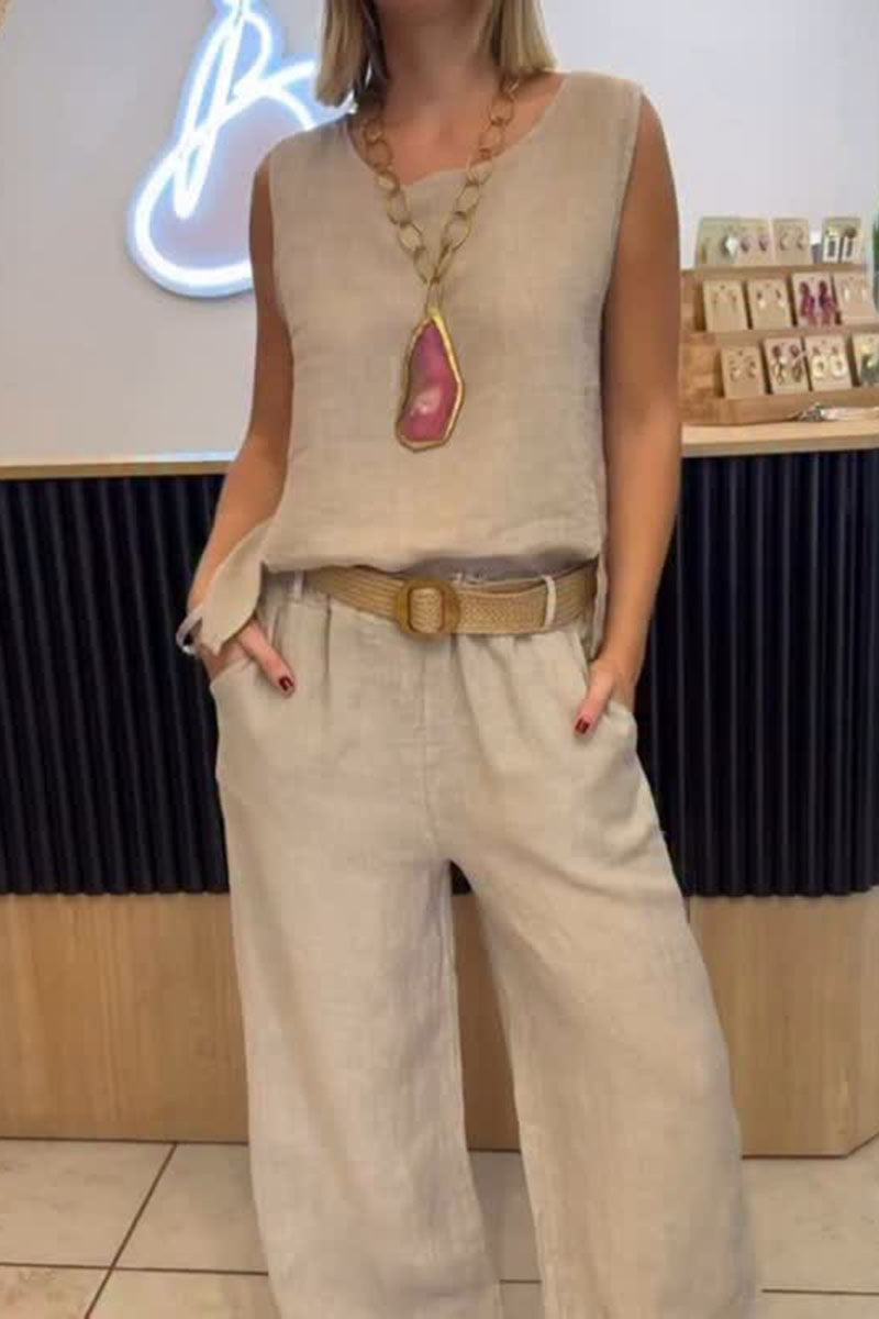 Women's Sleeveless Round Neck Top Pocket Loose Straight Pants Two-Piece Set