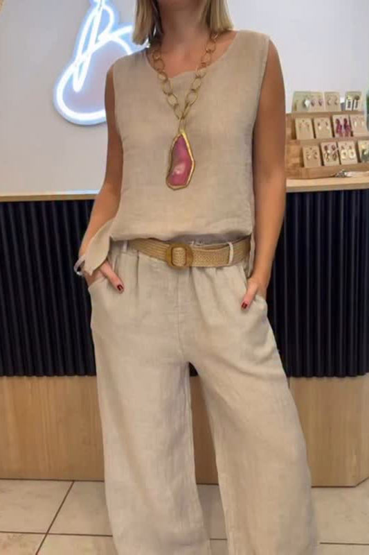 Women's Sleeveless Round Neck Top Pocket Loose Straight Pants Two-Piece Set