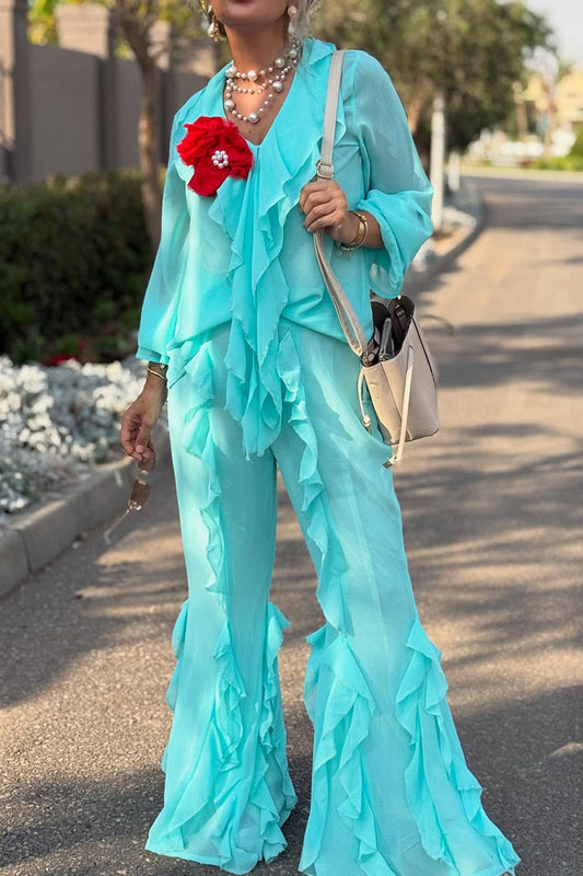 Women's Casual Ruffled V-Neck Long Sleeve Top Pants Two-Piece Set