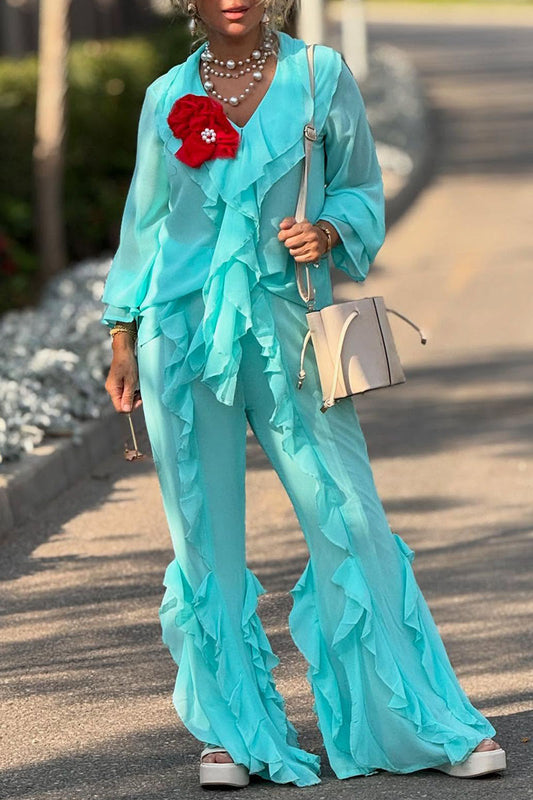 Women's Casual Ruffled V-Neck Long Sleeve Top Pants Two-Piece Set
