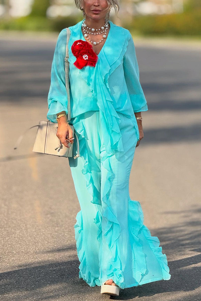 Women's Casual Ruffled V-Neck Long Sleeve Top Pants Two-Piece Set