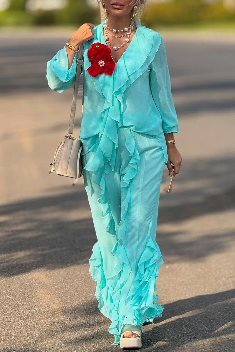 Women's Casual Ruffled V-Neck Long Sleeve Top Pants Two-Piece Set