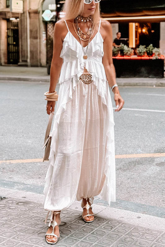 Women's Casual Vacation Ruffled Irregular Hem Suspender Top Wide Pants Two-piece Set