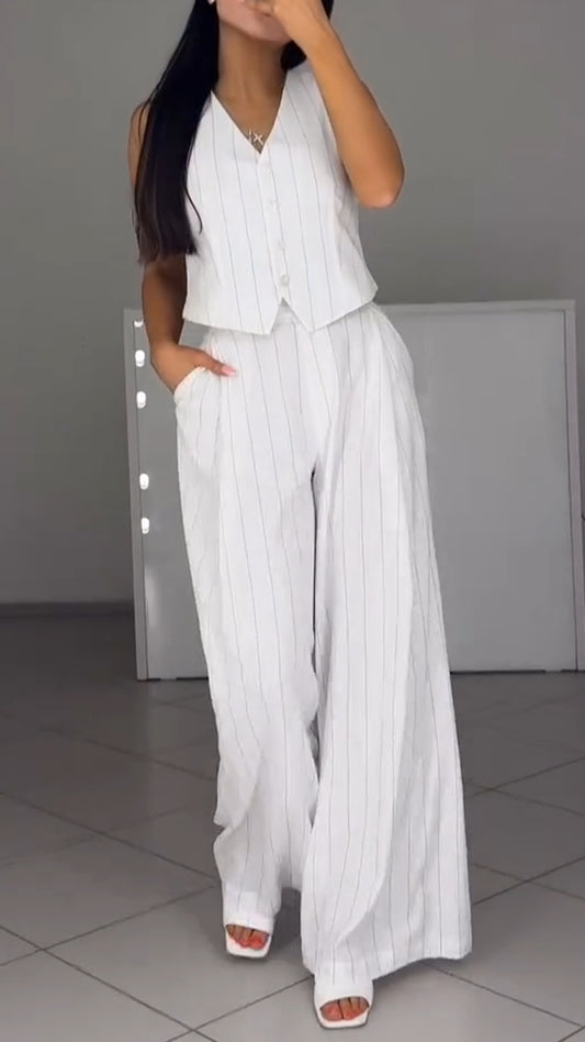 Ladies' V-neck Vertical Stripe Temperament Casual Suit