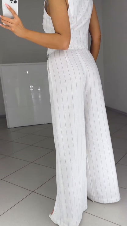 Ladies' V-neck Vertical Stripe Temperament Casual Suit