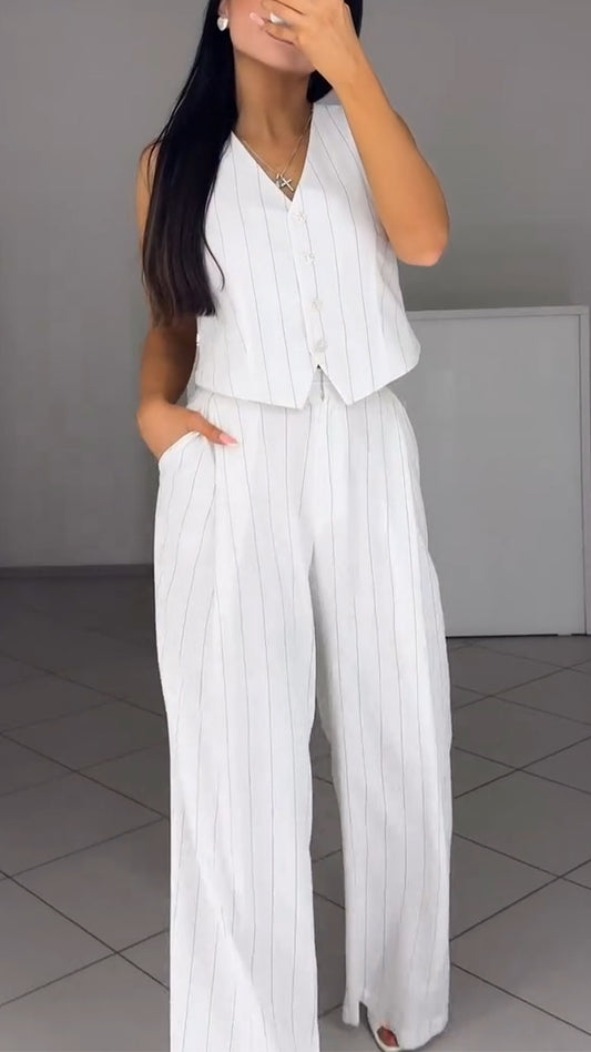 Ladies' V-neck Vertical Stripe Temperament Casual Suit