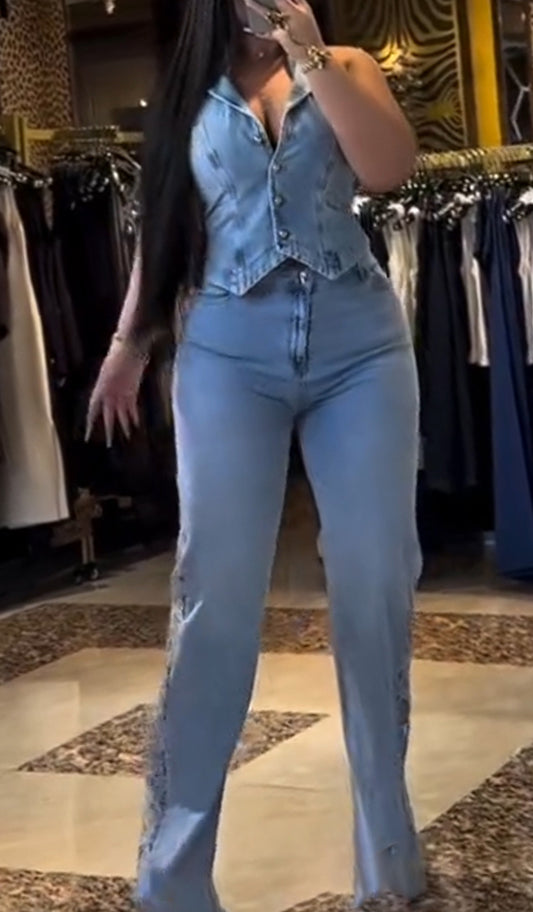 Ladies' Lapel and Buckle Spliced Top+ Printed Hollow Pants Casual Set