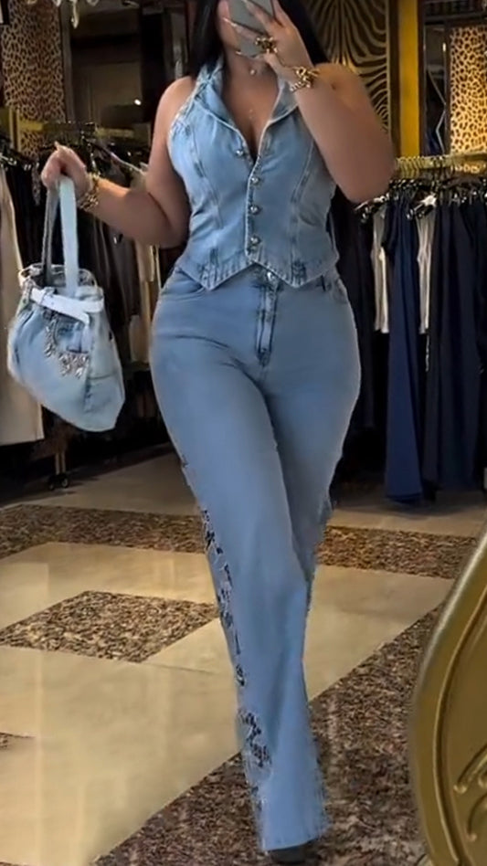 Ladies' Lapel and Buckle Spliced Top+ Printed Hollow Pants Casual Set