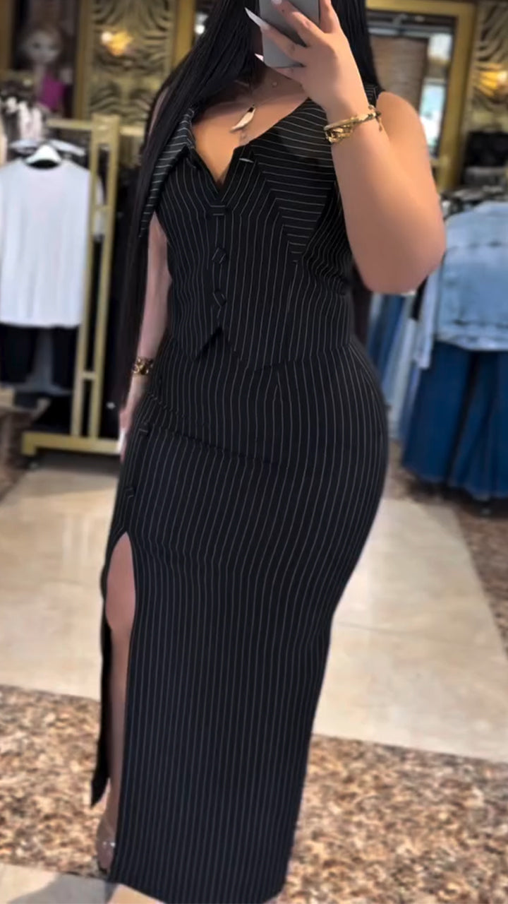 Ladies' Collar Vertical Stripe Top+ Split Skirt Casual Set