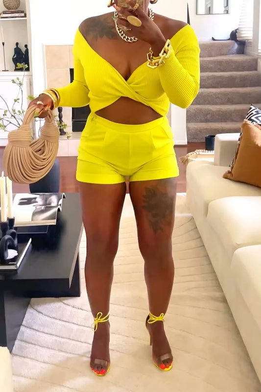 Women's Large V-neck Top+ Short Solid Color Casual Set
