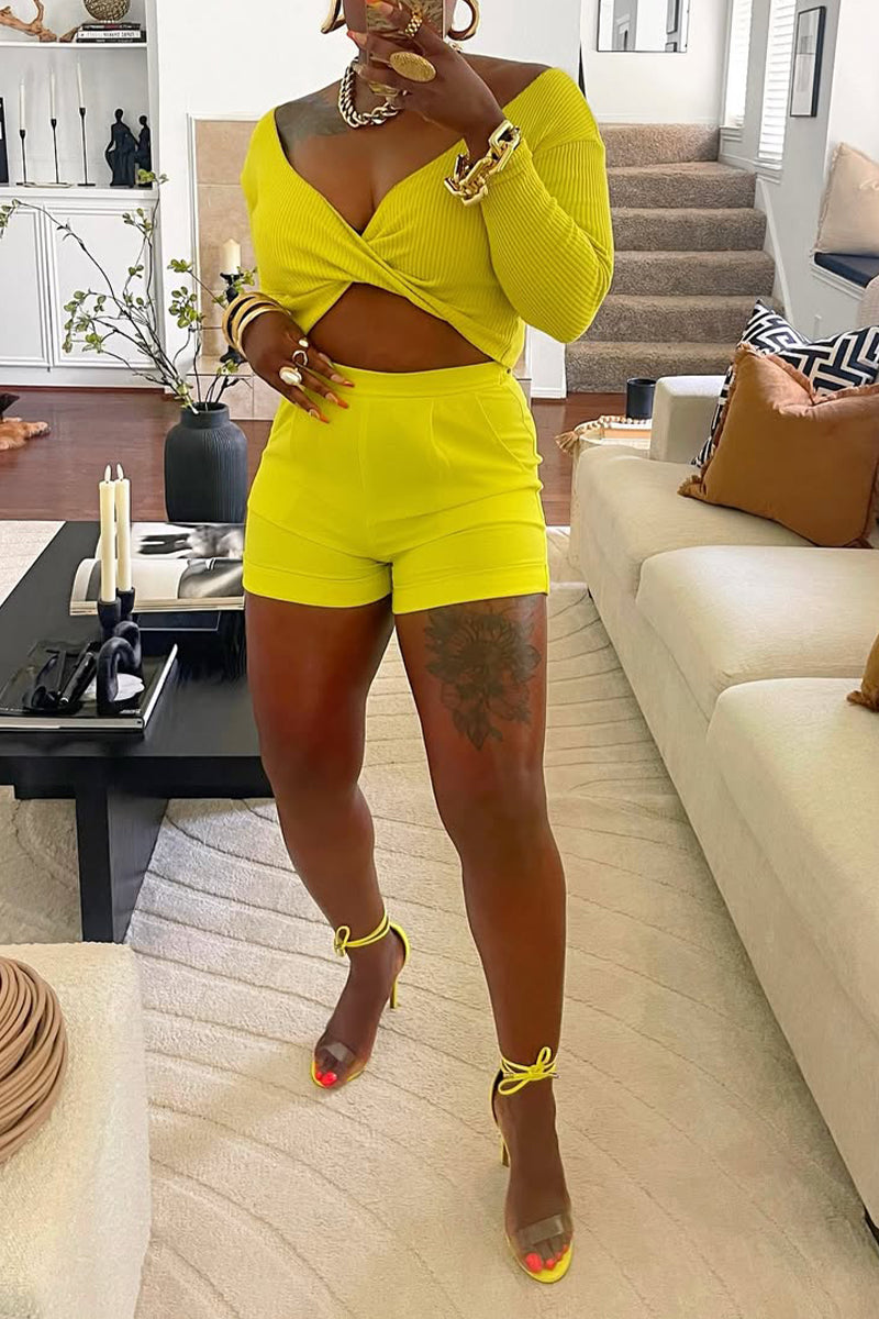 Women's Large V-neck Top+ Short Solid Color Casual Set