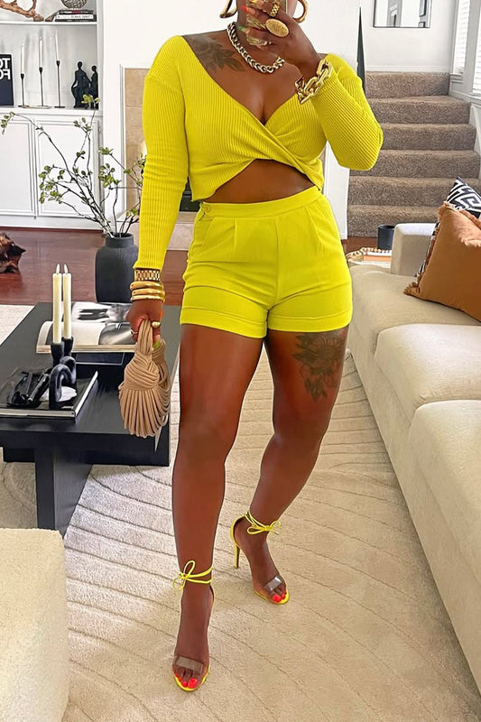 Women's Large V-neck Top+ Short Solid Color Casual Set