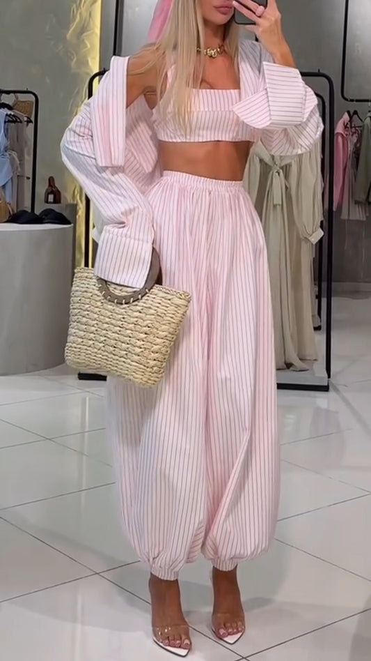 Ladies' Collar Vertical Pattern Solid Color Casual Three Piece Set
