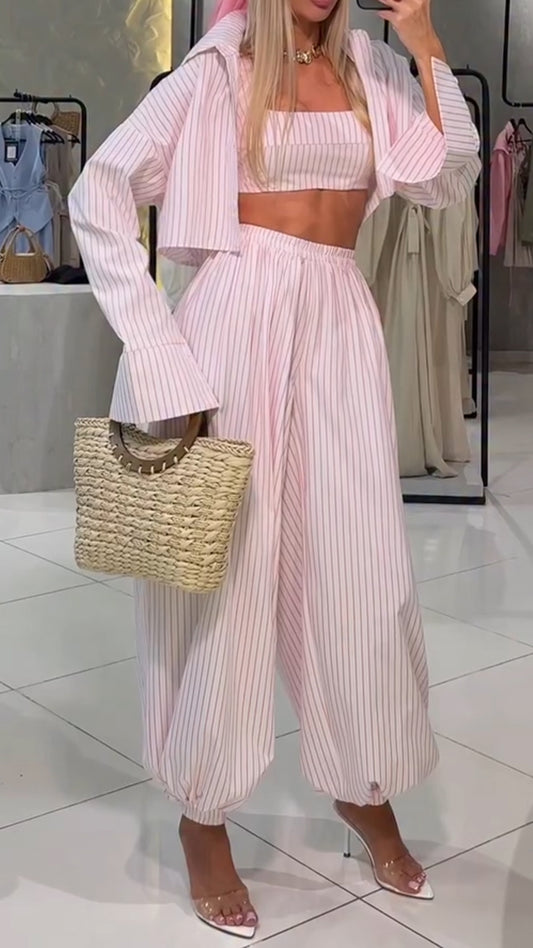 Ladies' Collar Vertical Pattern Solid Color Casual Three Piece Set