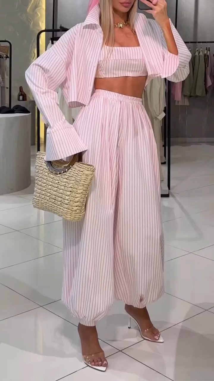 Ladies' Collar Vertical Pattern Solid Color Casual Three Piece Set