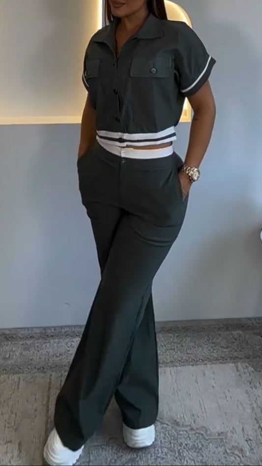 Ladies' Collar Spliced Top+ Pants with A Casual Temperament Suit