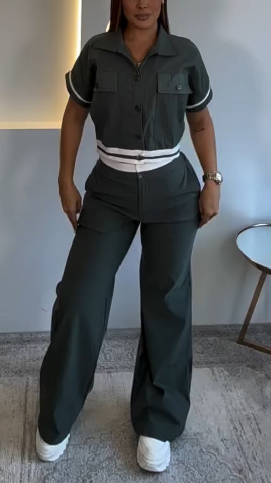 Ladies' Collar Spliced Top+ Pants with A Casual Temperament Suit
