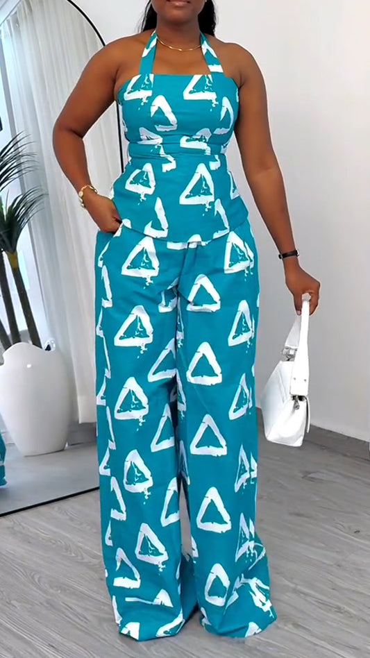 Ladies' Neck Hanging Printed Triangle Top+ Pants Casual Set