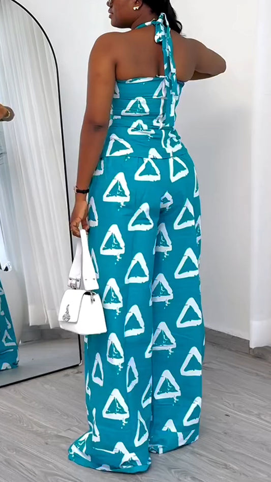 Ladies' Neck Hanging Printed Triangle Top+ Pants Casual Set