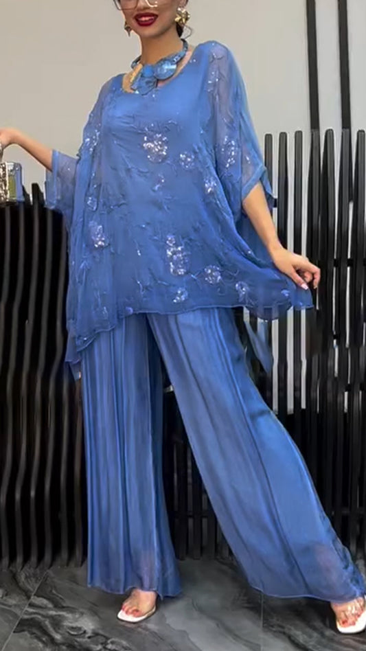 Ladies' Round Neck Printed Sequin Top+ Pants Loose Casual Set
