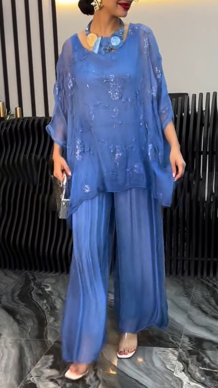 Ladies' Round Neck Printed Sequin Top+ Pants Loose Casual Set