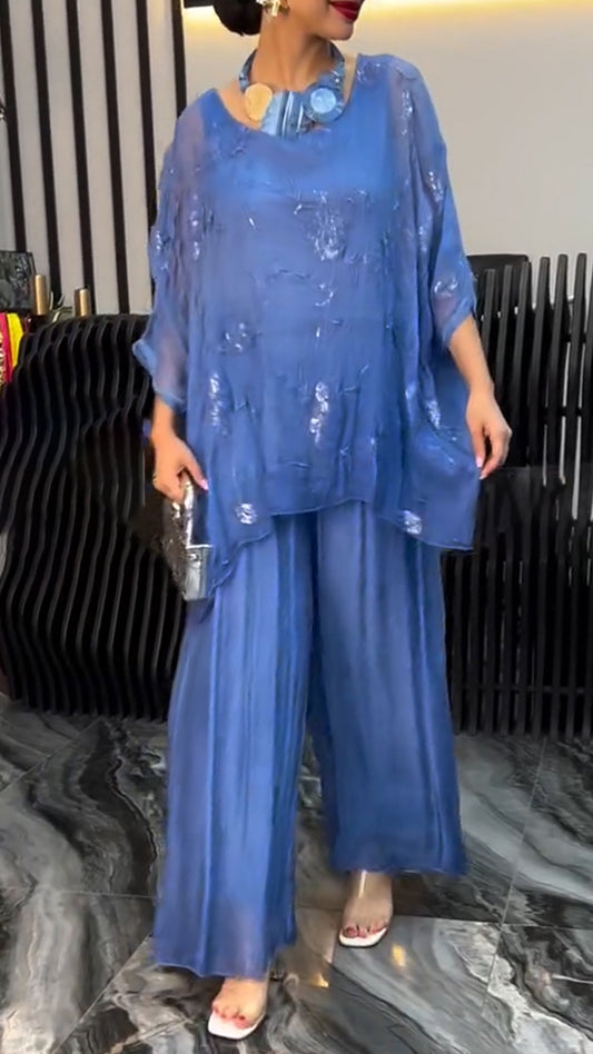 Ladies' Round Neck Printed Sequin Top+ Pants Loose Casual Set