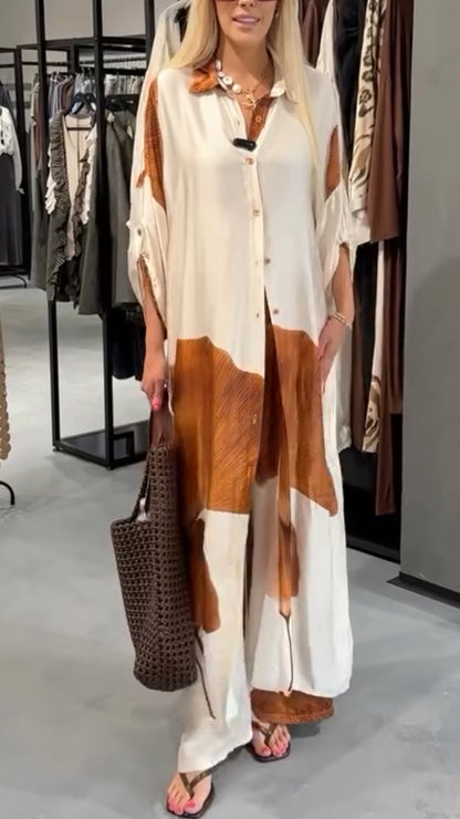 Women's Collar Printed Long Top+ Pants Loose Casual Suit
