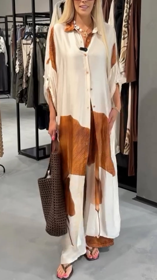 Women's Collar Printed Long Top+ Pants Loose Casual Suit