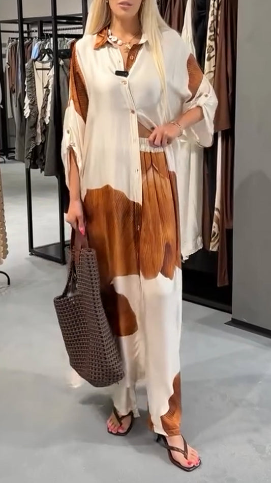 Women's Collar Printed Long Top+ Pants Loose Casual Suit
