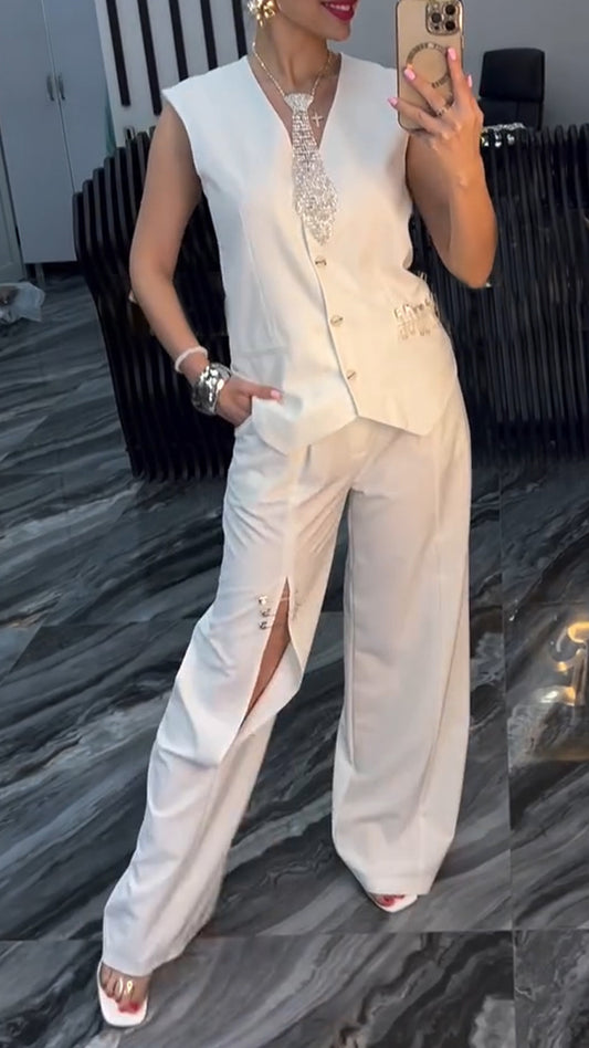 Women's V-neck Breasted Top+ Ripped Pants Solid Color Casual Suit