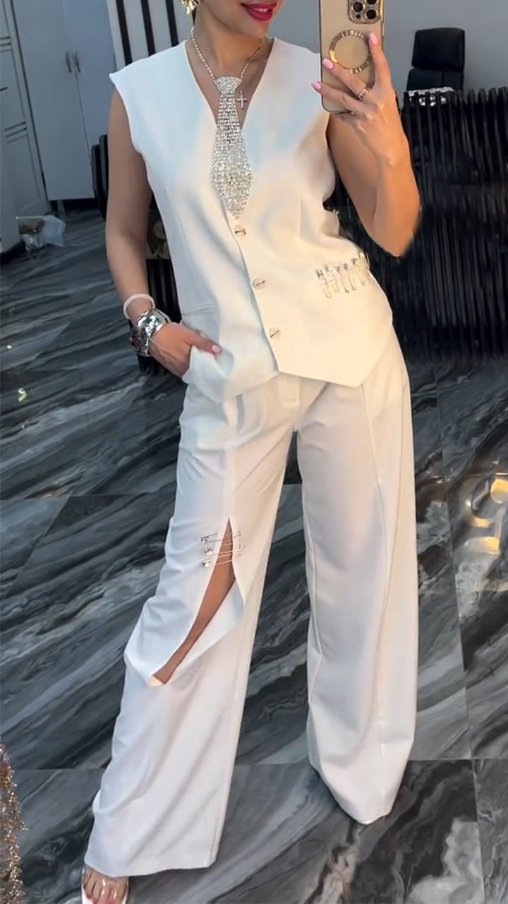 Women's V-neck Breasted Top+ Ripped Pants Solid Color Casual Suit