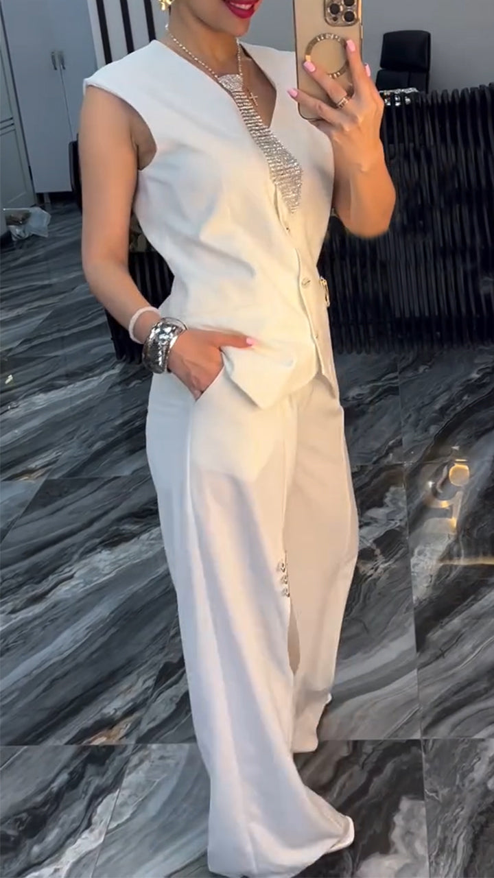 Women's V-neck Breasted Top+ Ripped Pants Solid Color Casual Suit