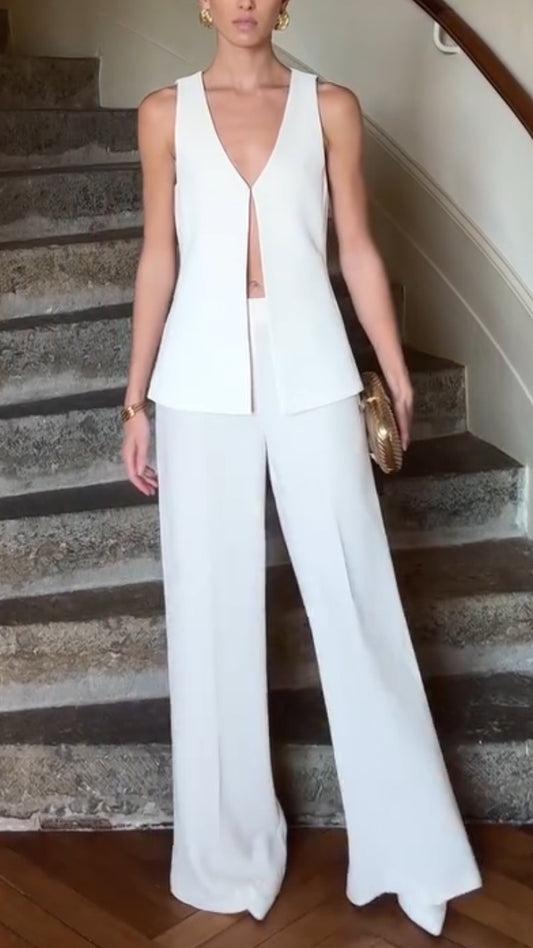 Ladies' V-neck Split Top + Pants with Solid Color and Casual Temperament Suit