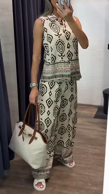 Ladies' Collar Print Casual Set