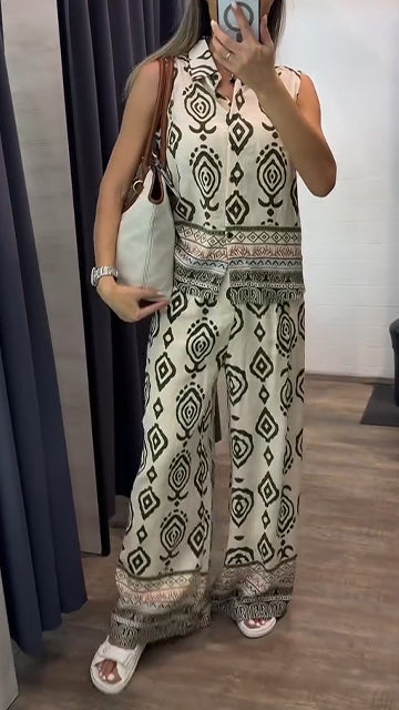 Ladies' Collar Print Casual Set
